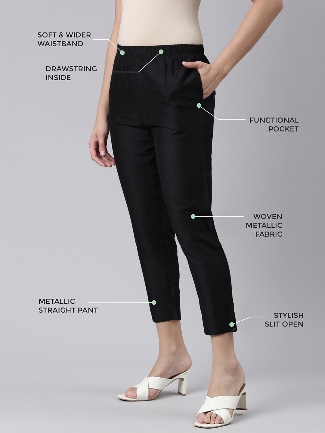 

TWIN BIRDS Women Mid-Rise Shimmer Solid Functional Pockets Straight Trousers, Black