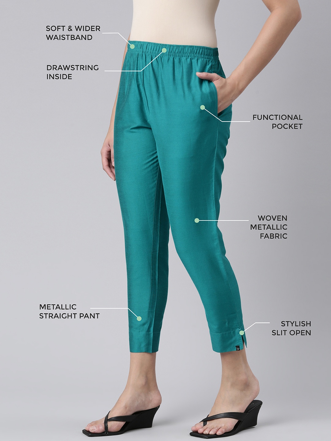 

TWIN BIRDS Women Mid-Rise Shimmer Solid Functional Pockets Straight Trousers, Teal