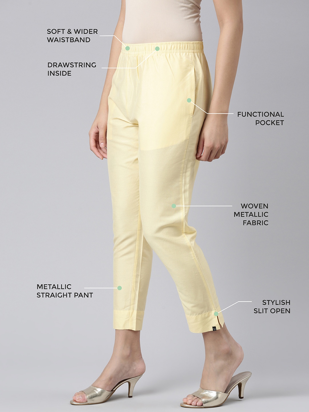 

TWIN BIRDS Women Mid-Rise Shimmer Solid Functional Pockets Straight Trousers, Yellow