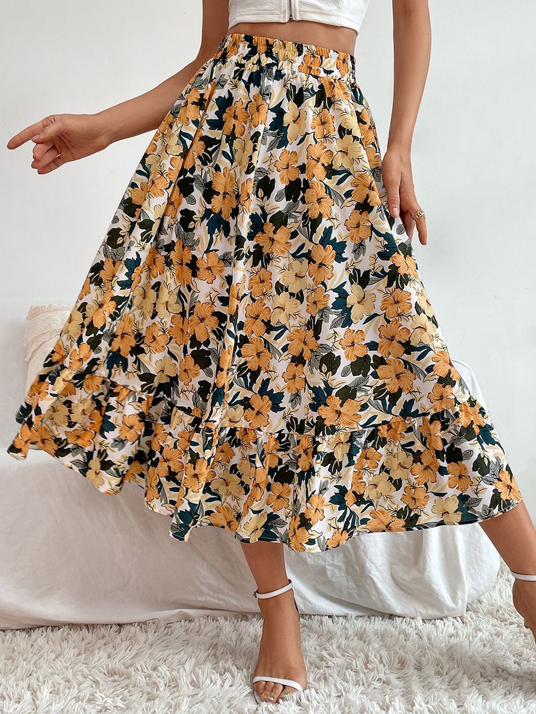 

BoStreet White & Yellow Floral Printed Flared Midi Skirt