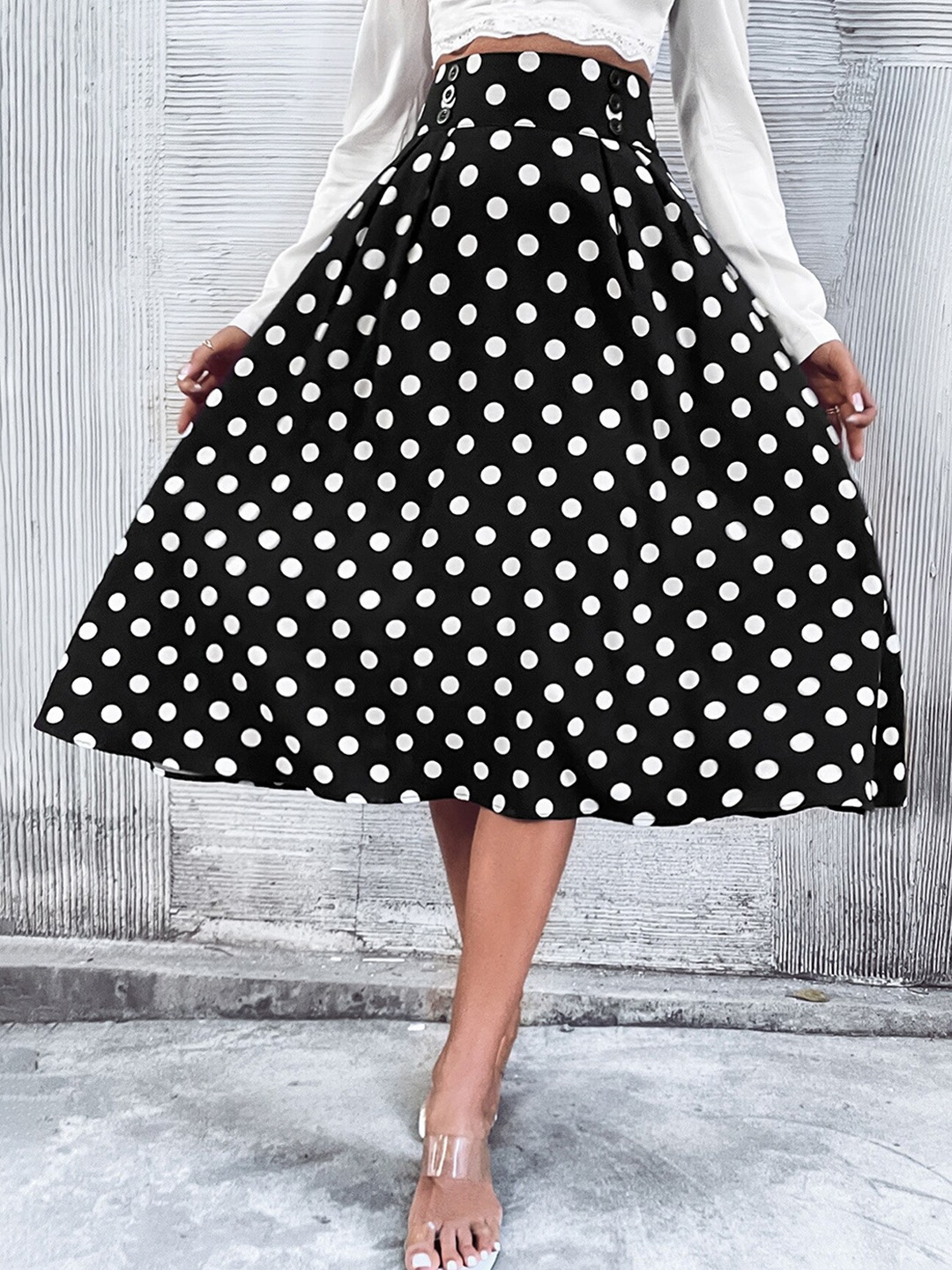 

BoStreet Black & White Polka Dots Printed Flared Midi Skirt