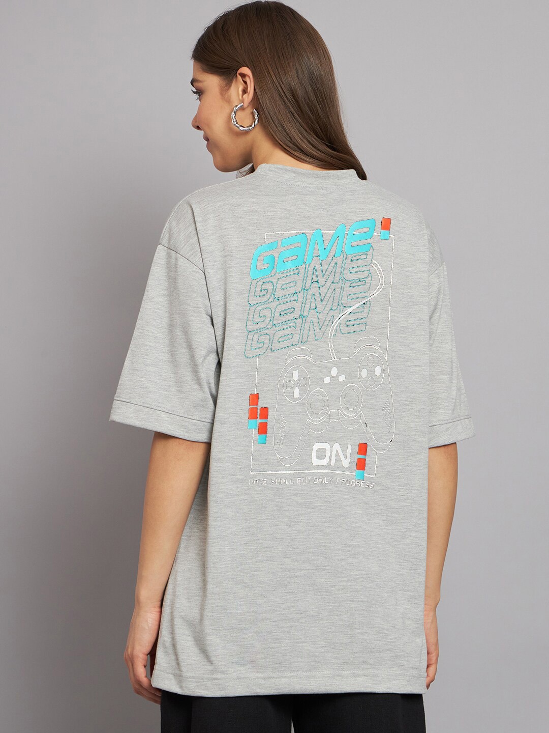 

Imsa Moda Typography Printed Drop Shoulder Sleeves Oversized Cotton T-shirt, Grey melange