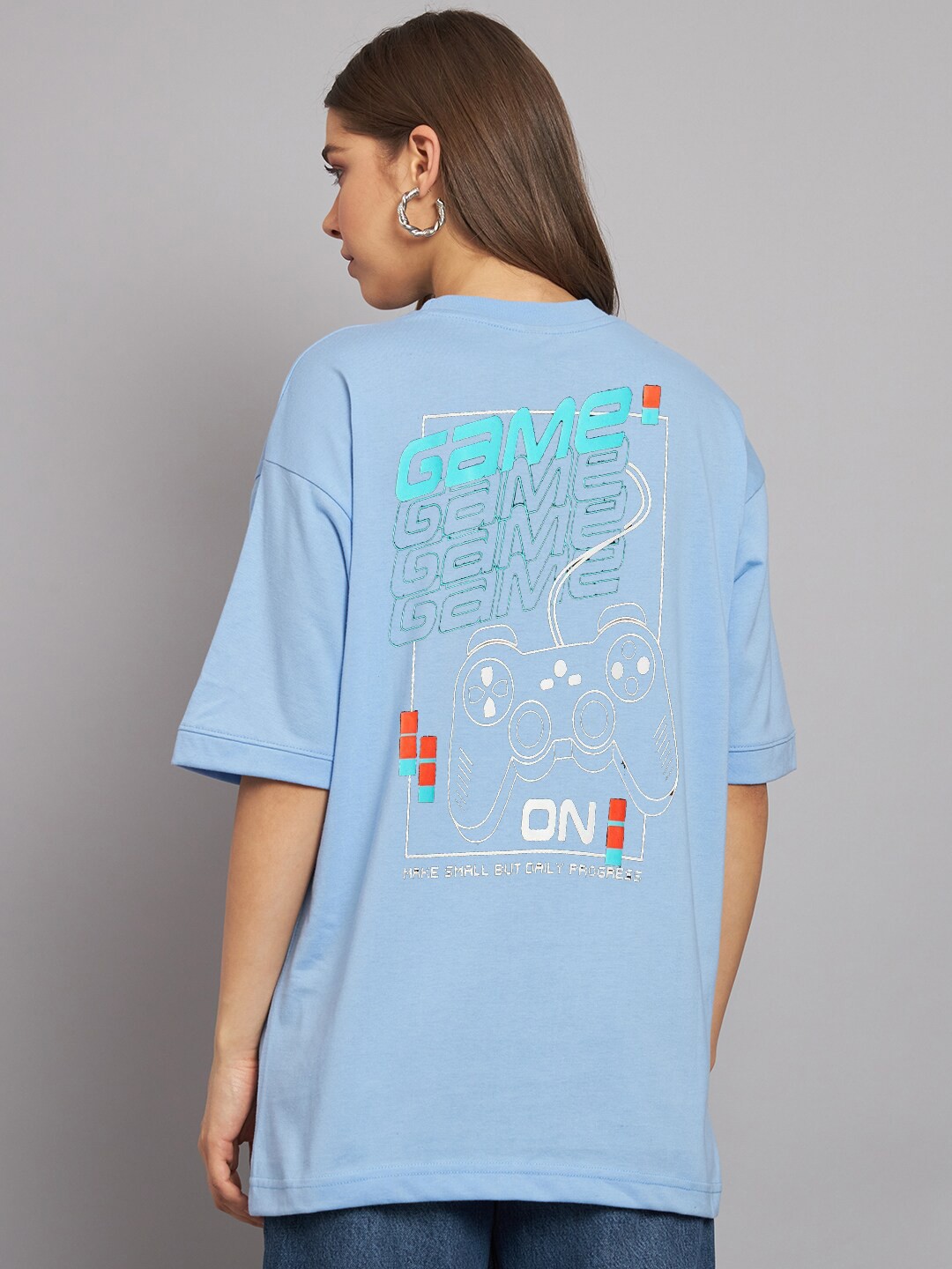 

Imsa Moda Typography Printed Drop Shoulder Sleeves Oversized Cotton T-shirt, Blue