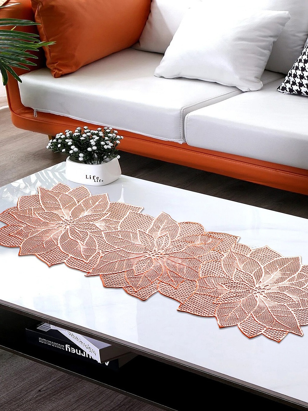 

Dakshya Industries Flower-Textured Waterproof & Soft PVC Table Runner, Copper
