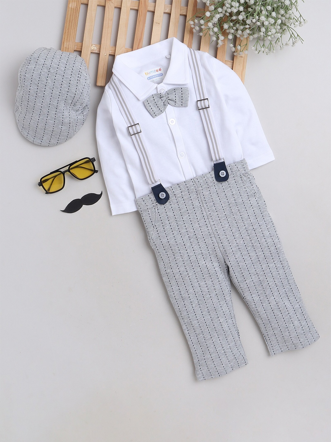 

BUMZEE Infant Boys Pure Cotton Shirt With Trousers With Suspender & Cap, White