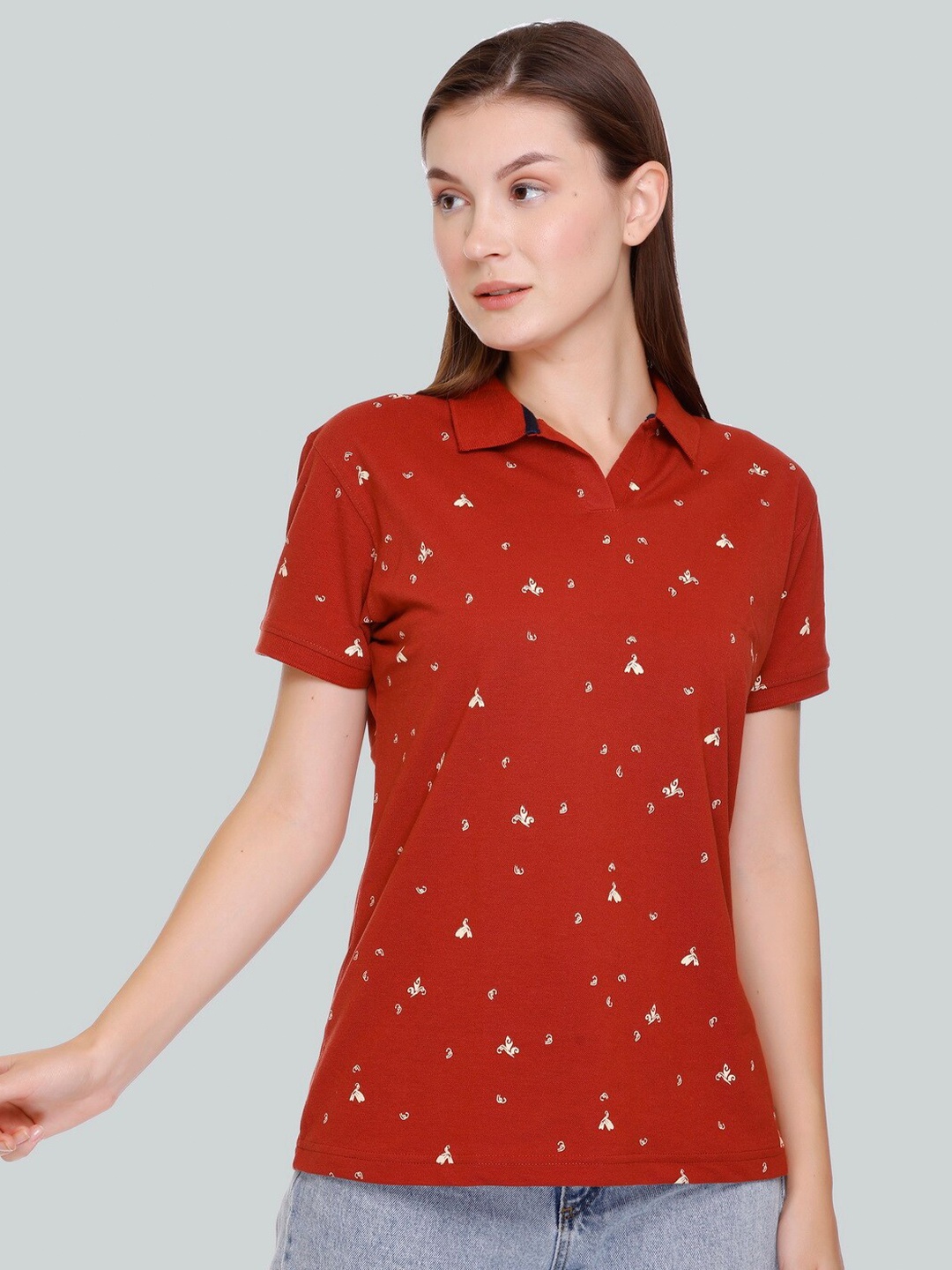

PLUSH PUSH THE FASHION Conversational Printed Polo Collar Pure Cotton T-shirt, Rust