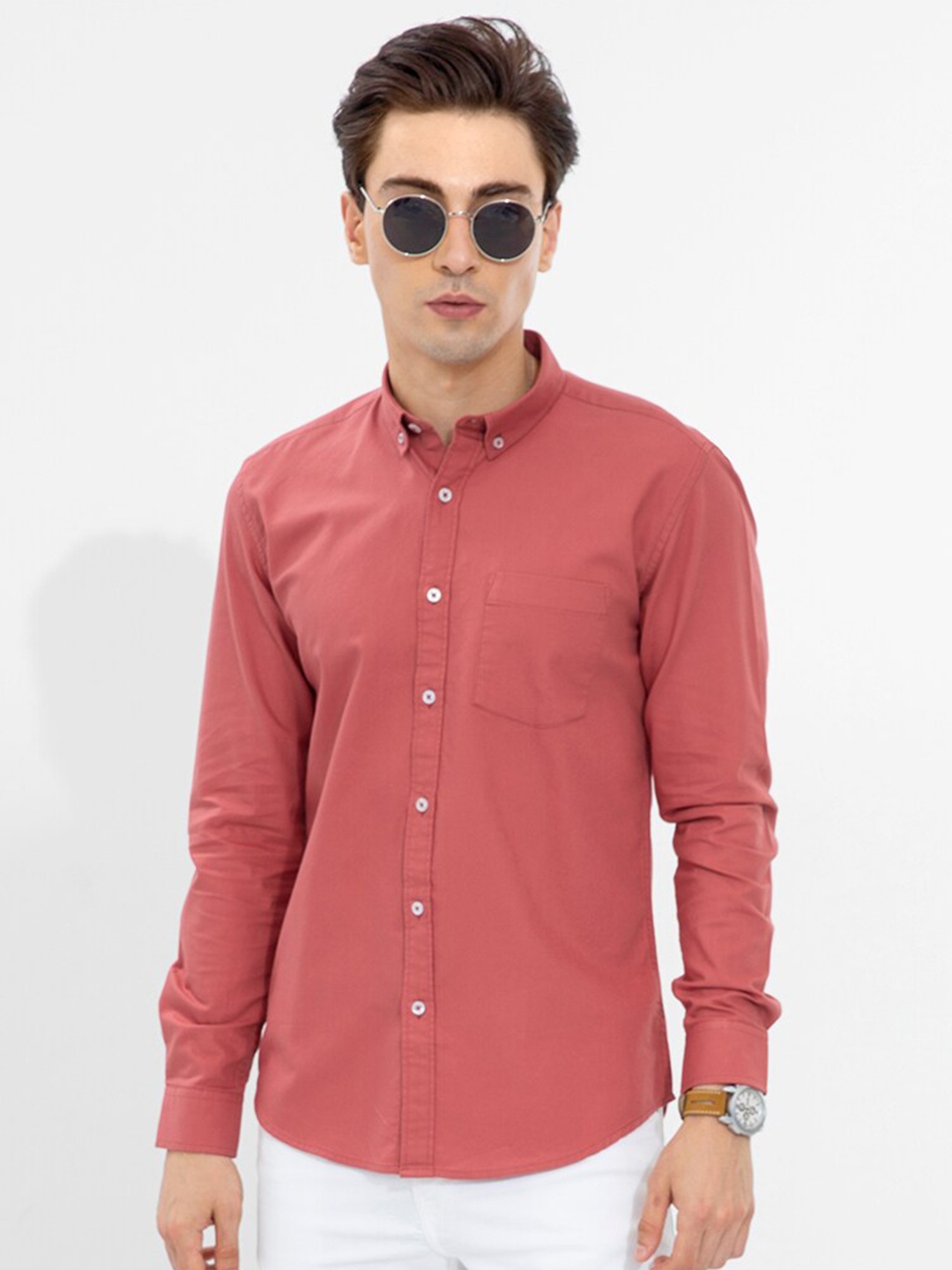 

Snitch Coral Classic Slim Fit Cotton Casual Shirt, Pink