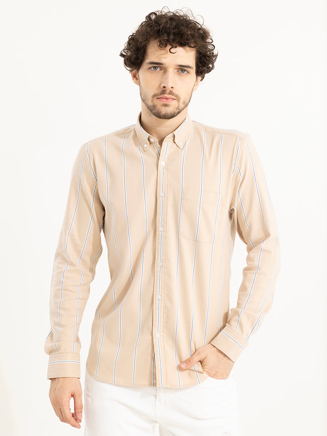 

Snitch Beige Classic Vertical Stripes Button-Down Collar Pure Cotton Casual Shirt