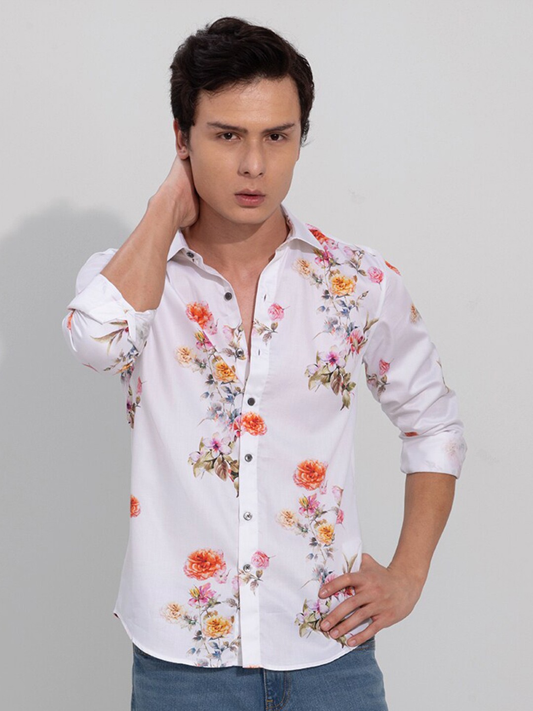 

Snitch Floral Printed Classic Slim Fit Casual Cotton Shirt, White