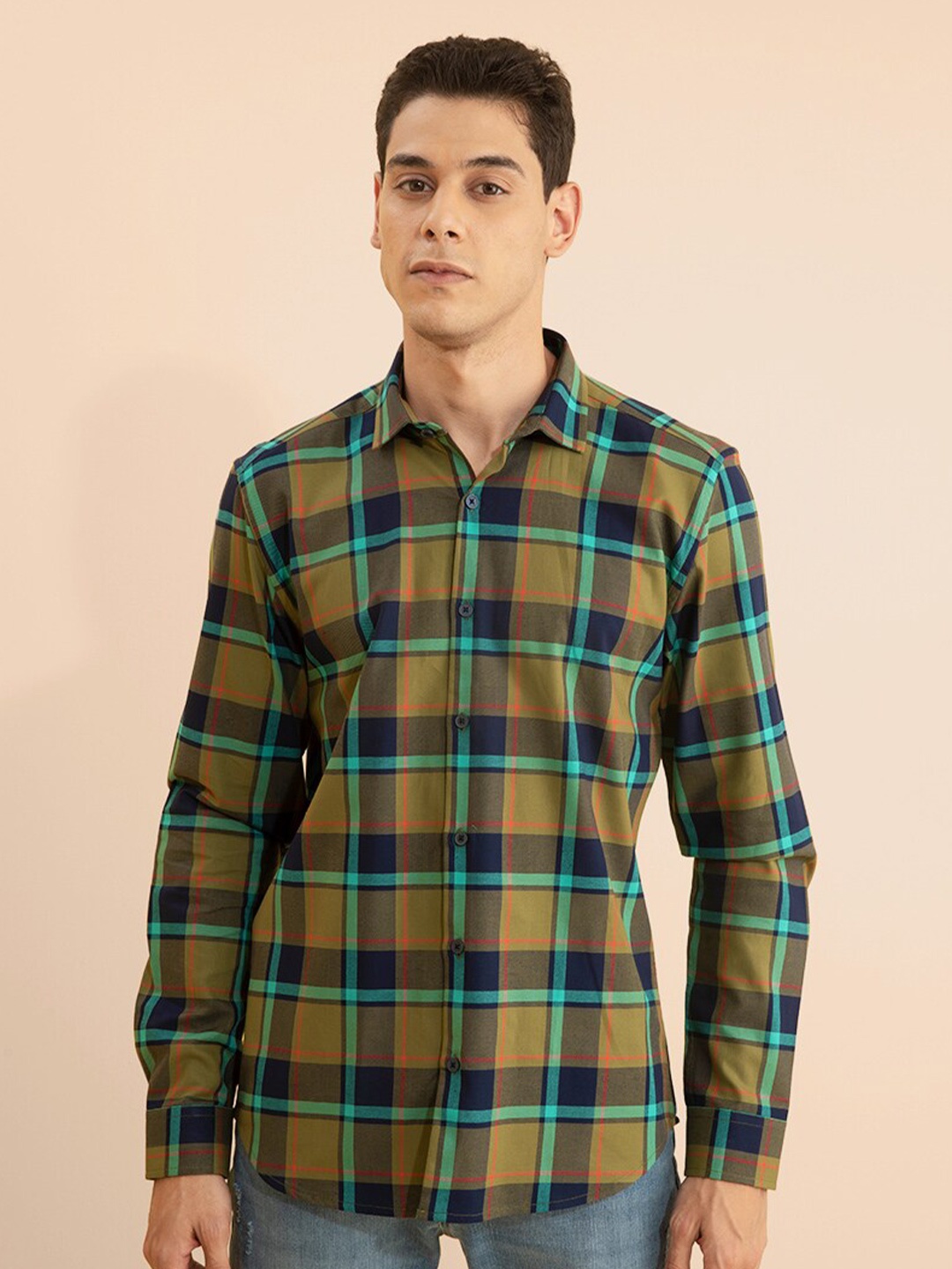 

Snitch Olive Green Tartan Checks Classic Slim Fit Cotton Casual Shirt