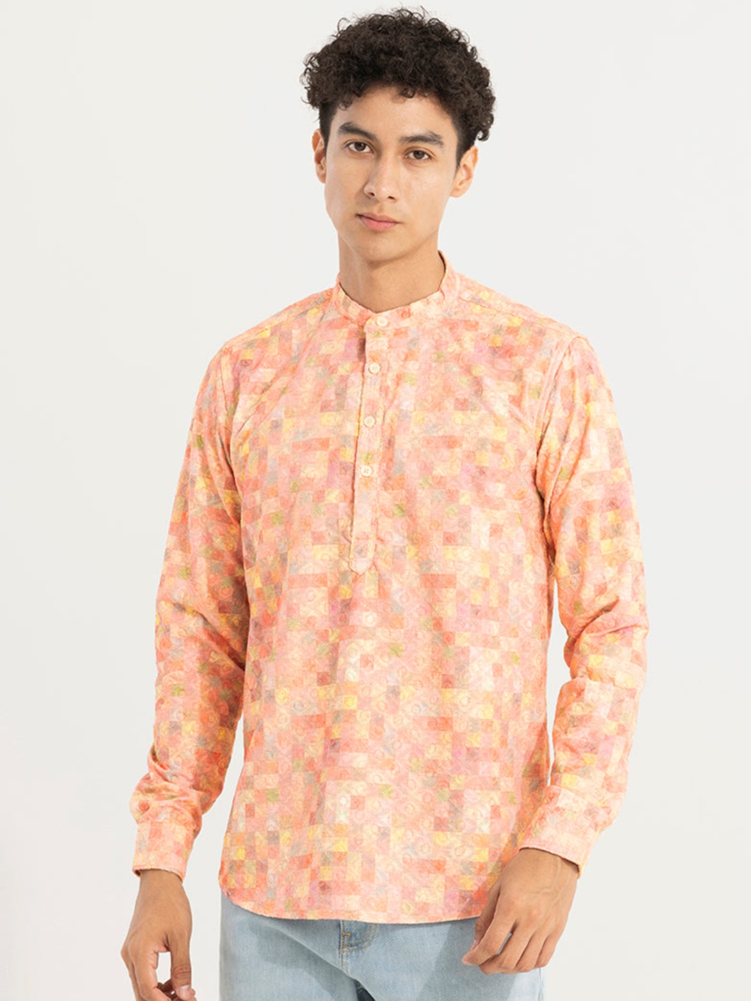 

Snitch Orange Classic Slim Fit Abstract Printed Band Collar Casual Cotton Shirt