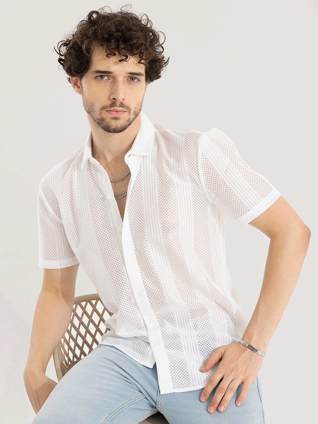 

Snitch Men Classic Opaque Printed Cotton Casual Shirt, White