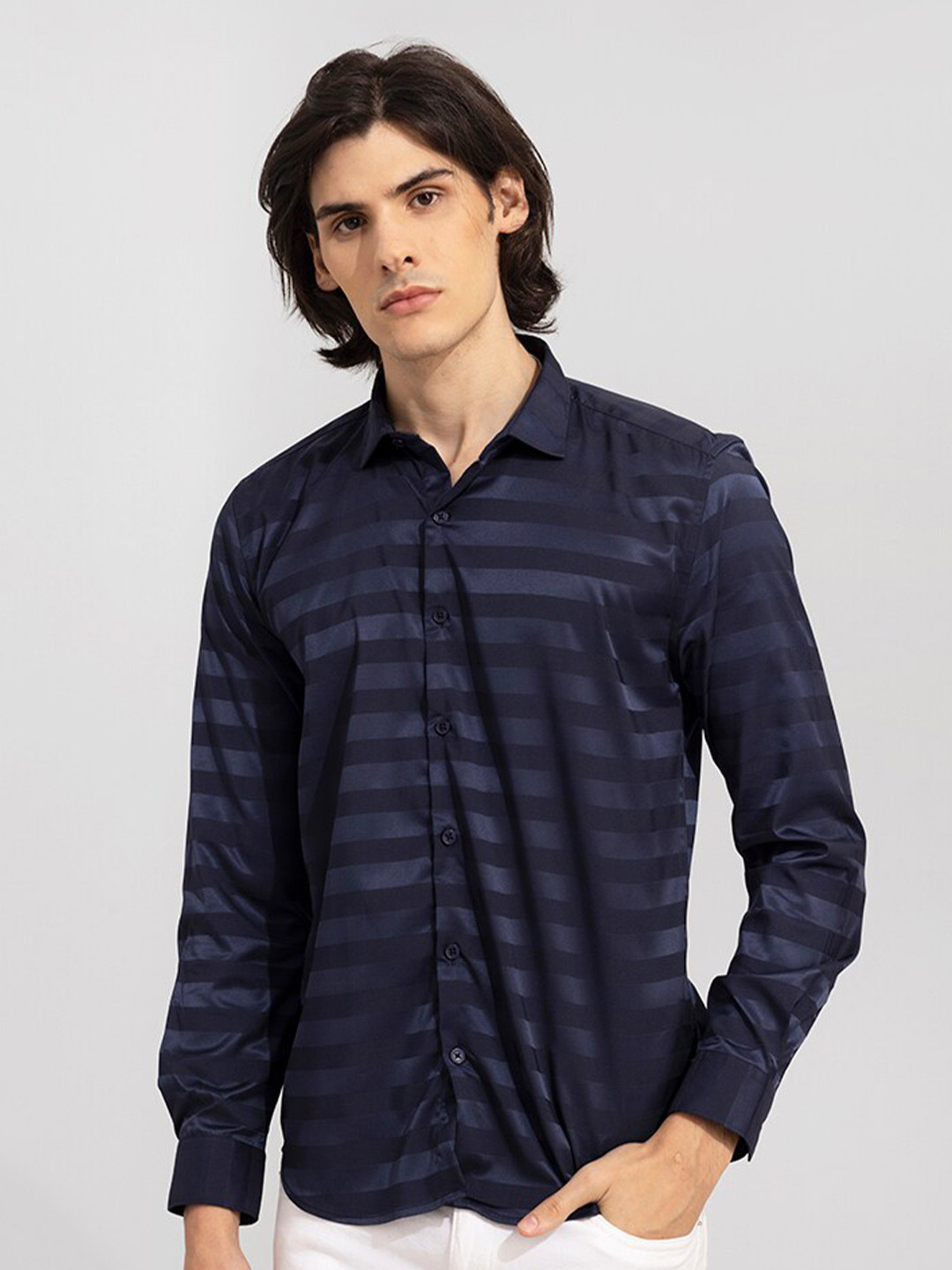 

Snitch Men Navy Blue Classic Slim Fit Opaque Casual Shirt
