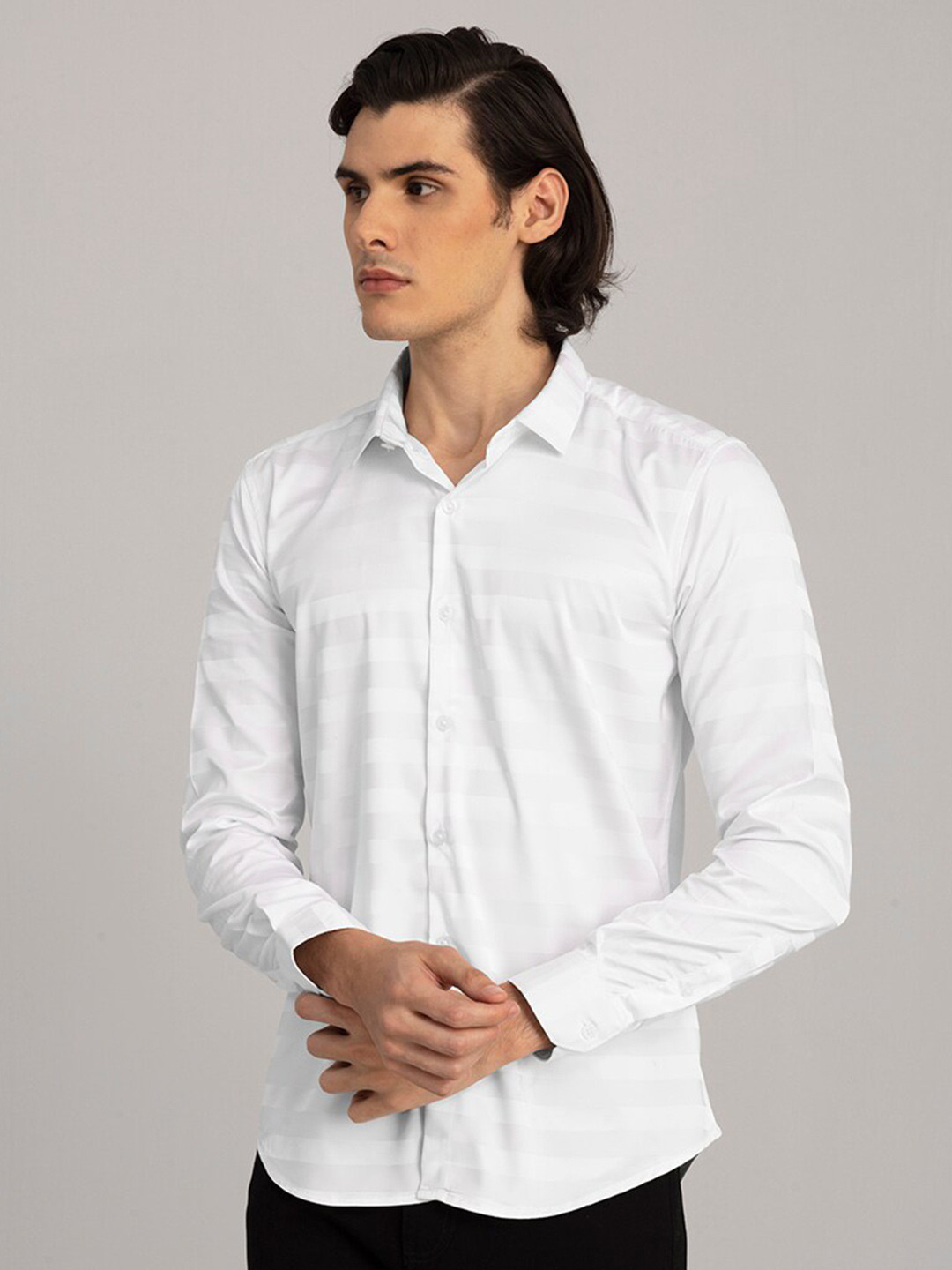 

Snitch Classic Slim Fit Horizontal Stripes Opaque Cotton Casual Shirt, White