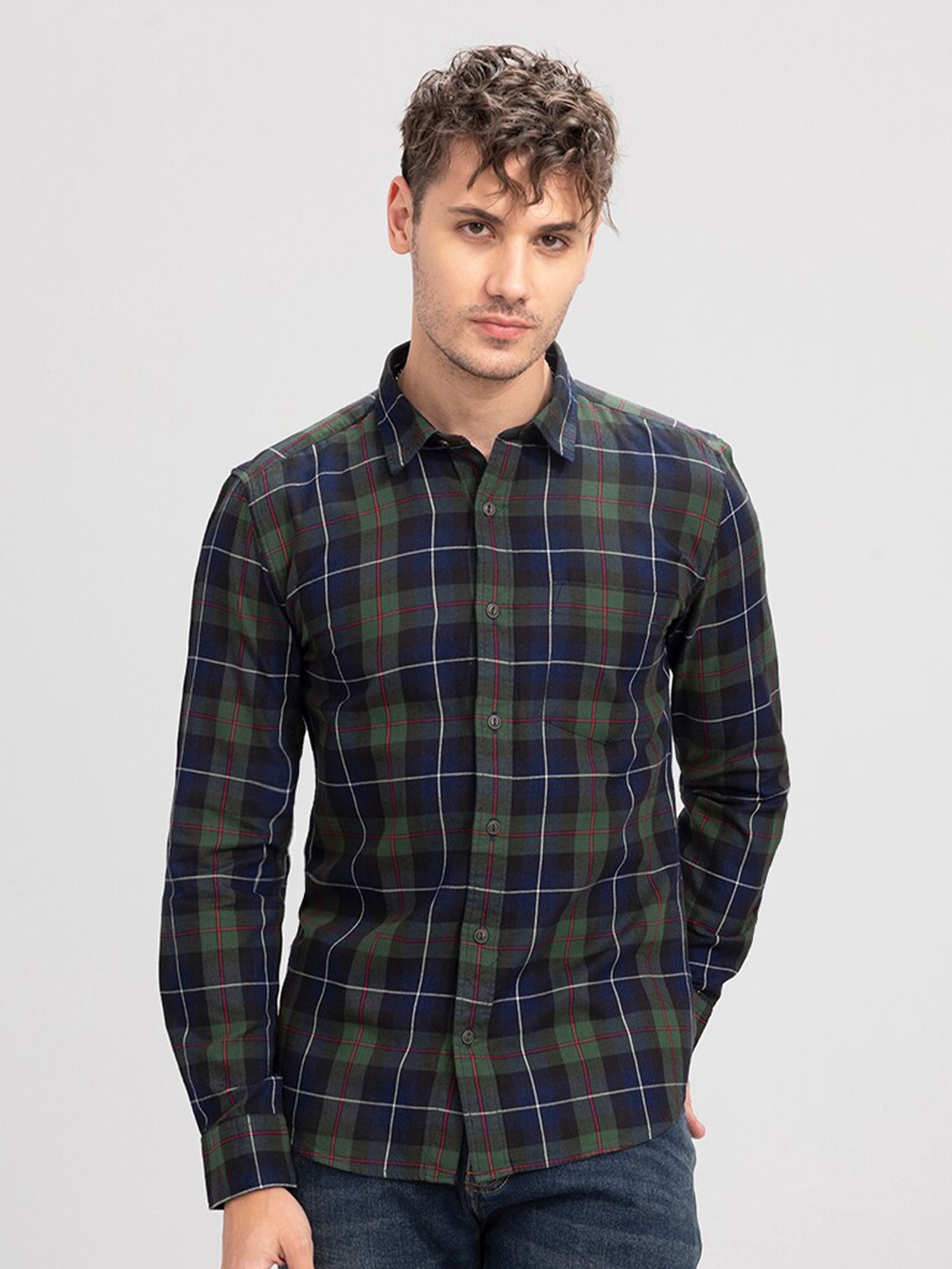 

Snitch Tartan Checked Classic Slim Fit Casual Cotton Shirt, Blue