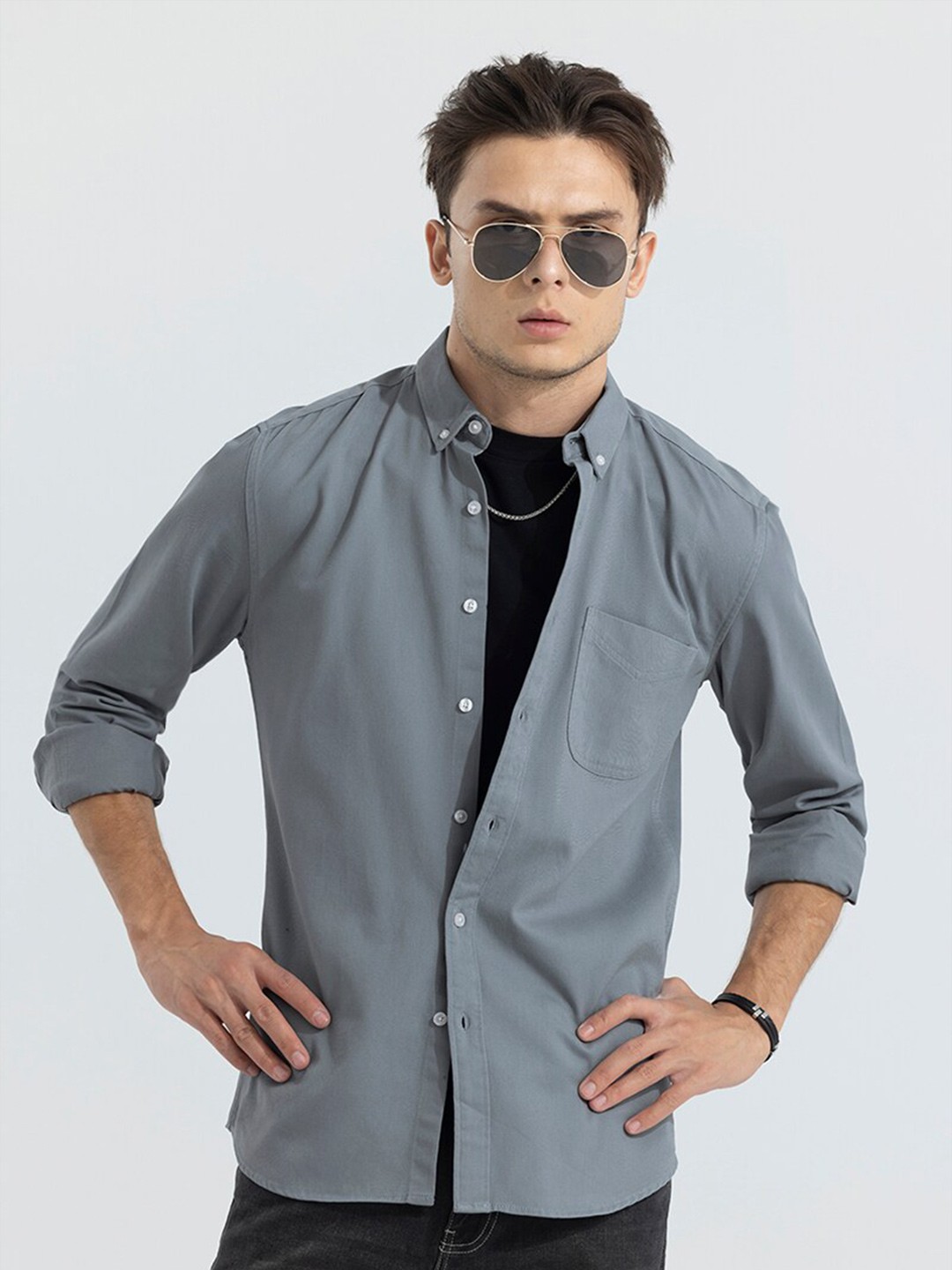 

Snitch Grey Classic Slim Fit Cotton Casual Shirt, Blue