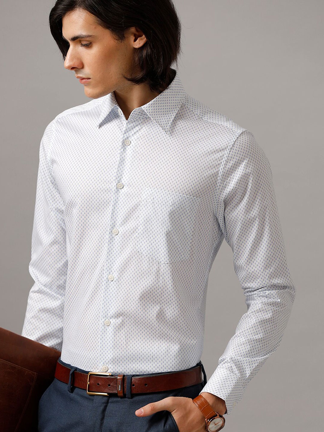 

Aldeno India Slim Micro Ditsy Printed Cotton Formal Shirt, White