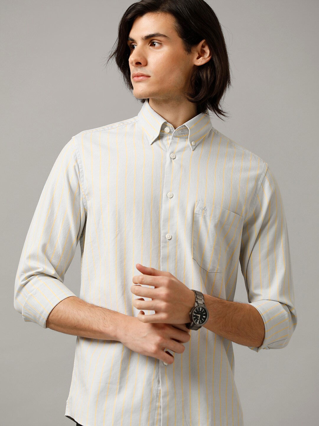 

Aldeno India Slim Striped Cotton Casual Shirt, Off white