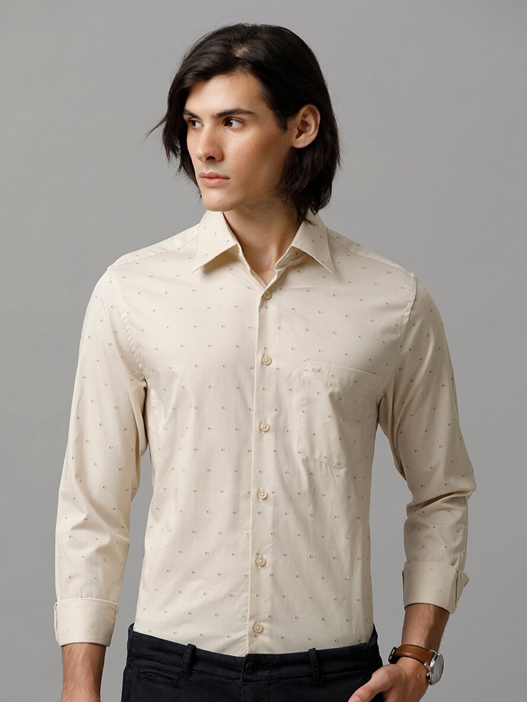 Aldeno Comfort Micro Ditsy Printed Cotton Formal Shirt, Beige