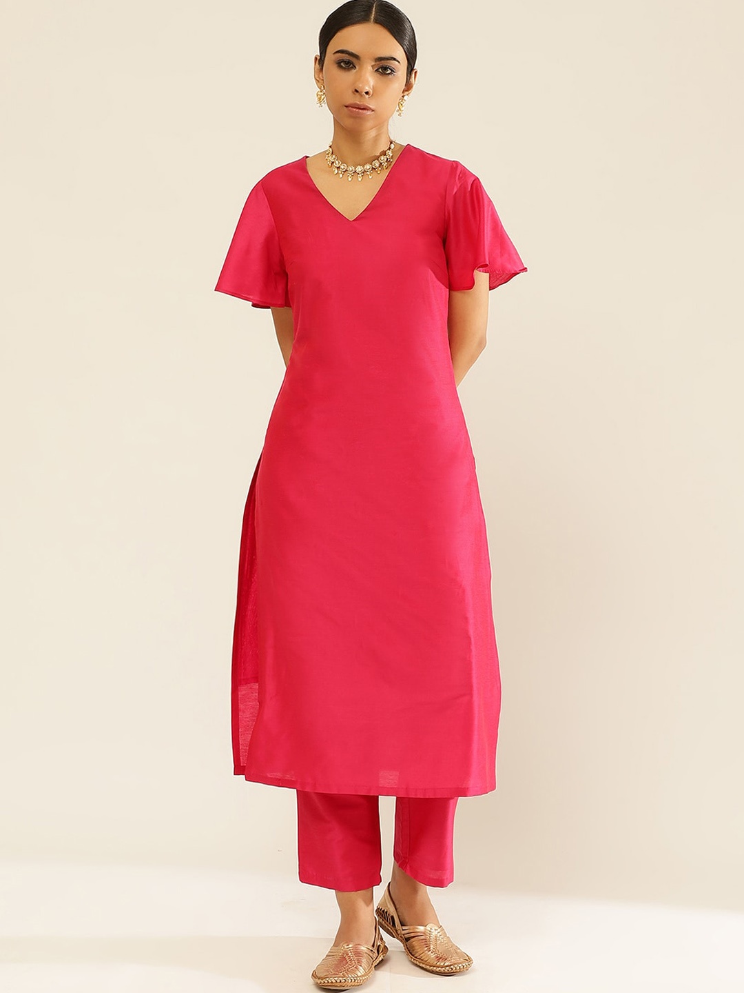 

Abhishti V-Neck Flared Sleeves Regular Kurta With Trousers, Pink