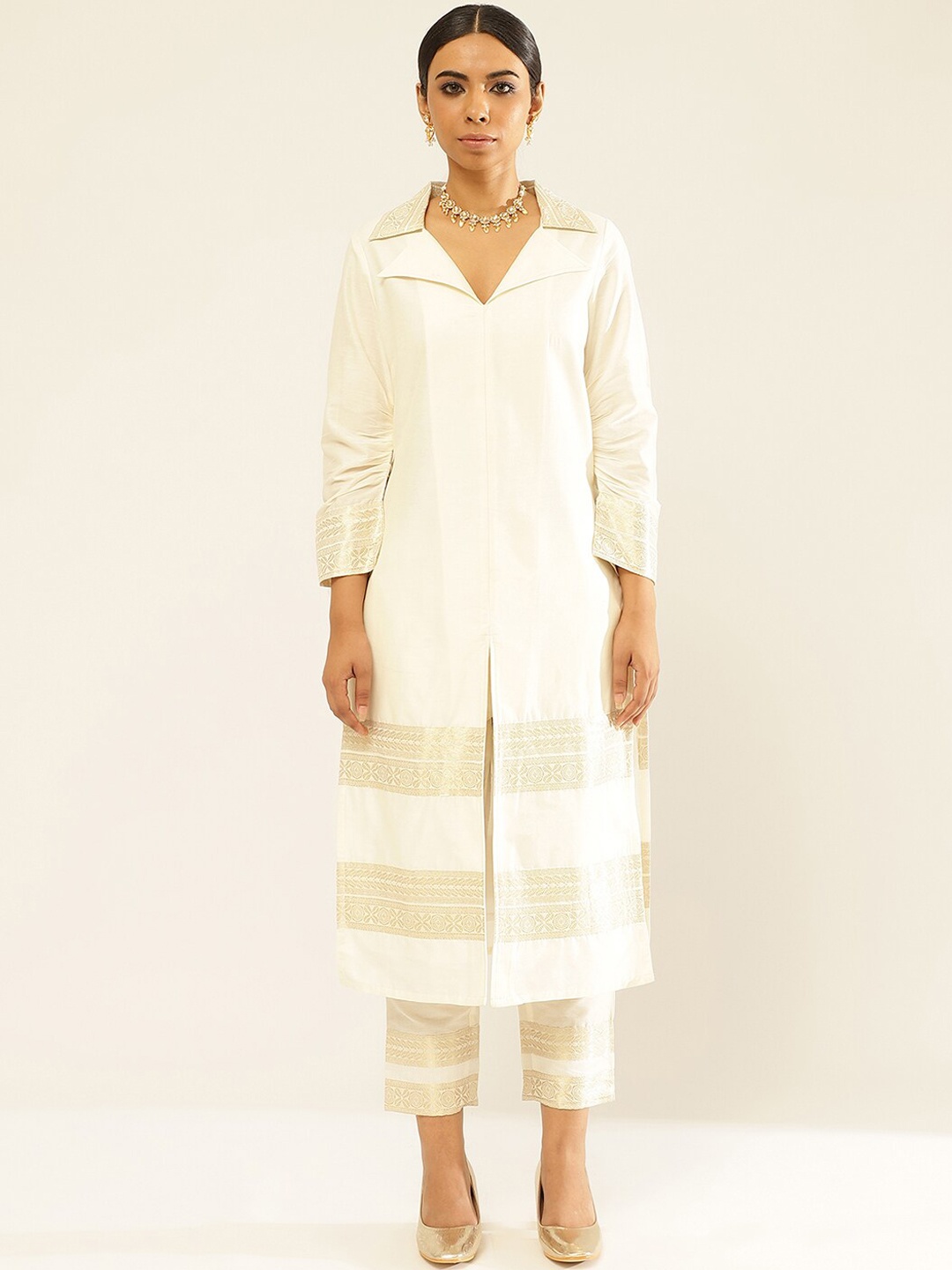 

Abhishti Ethnic Printed Shirt Collar Regular Kurta With Trousers, White