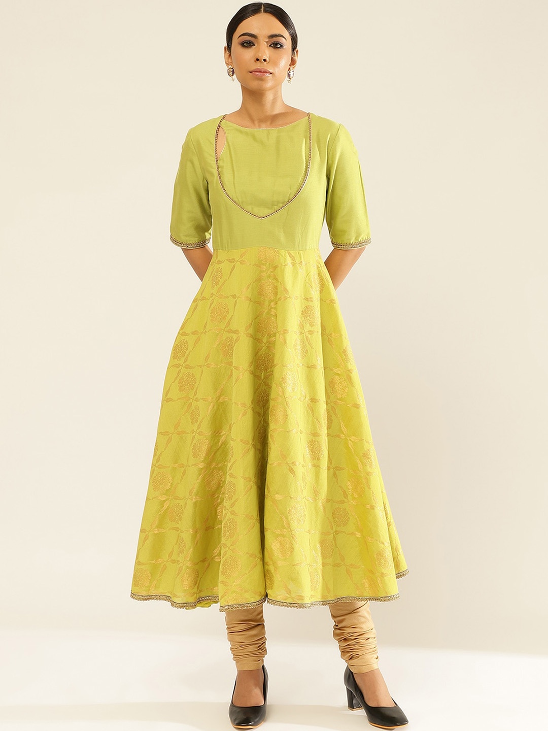 

Abhishti Ethnic Printed A-Line Beads and Stones Kurta With Churidar, Green