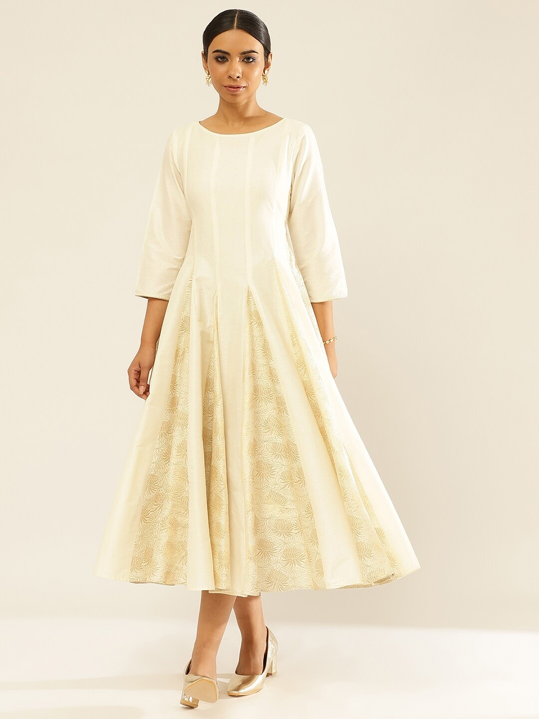 

Abhishti Ethnic Motifs Woven Design Pleated A-Line Midi Dress, White