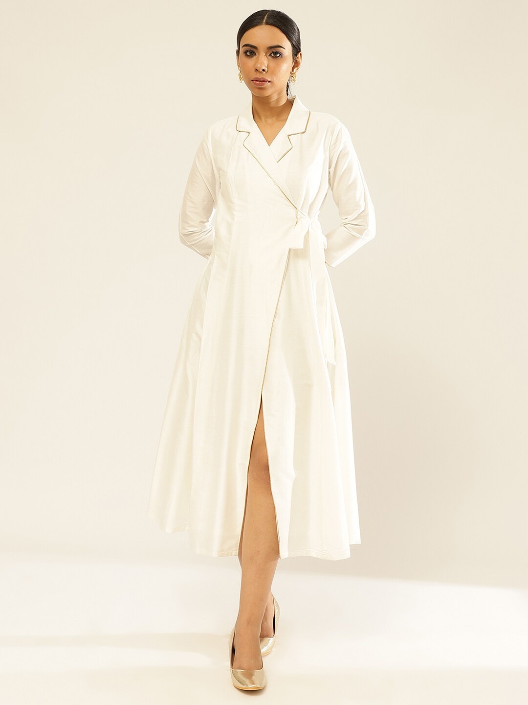 

Abhishti Lapel Collar Tie-Ups Wrap Midi Dress, White