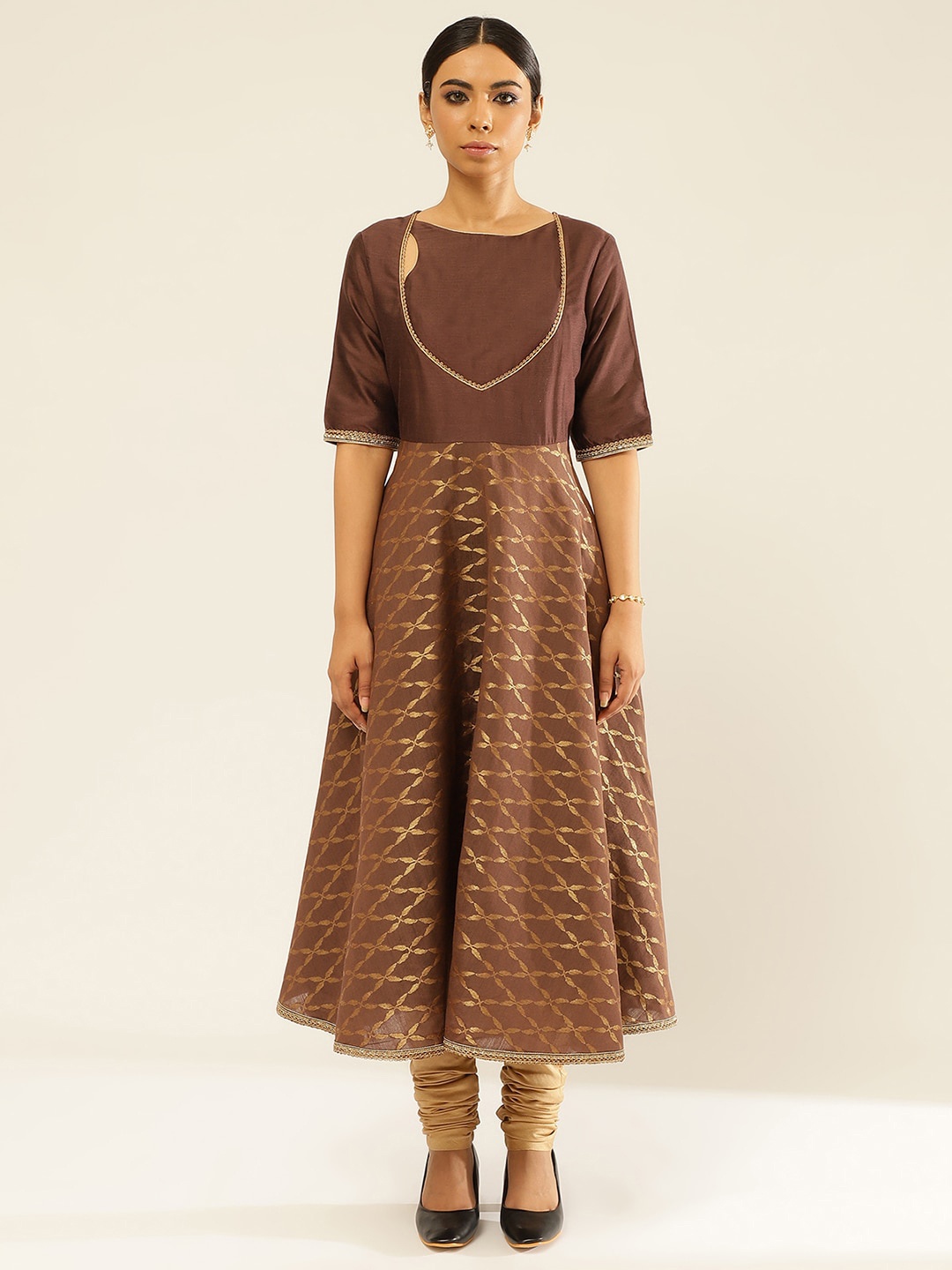 

Abhishti Ethnic Printed A-Line Beads and Stones Kurta With Churidar, Brown