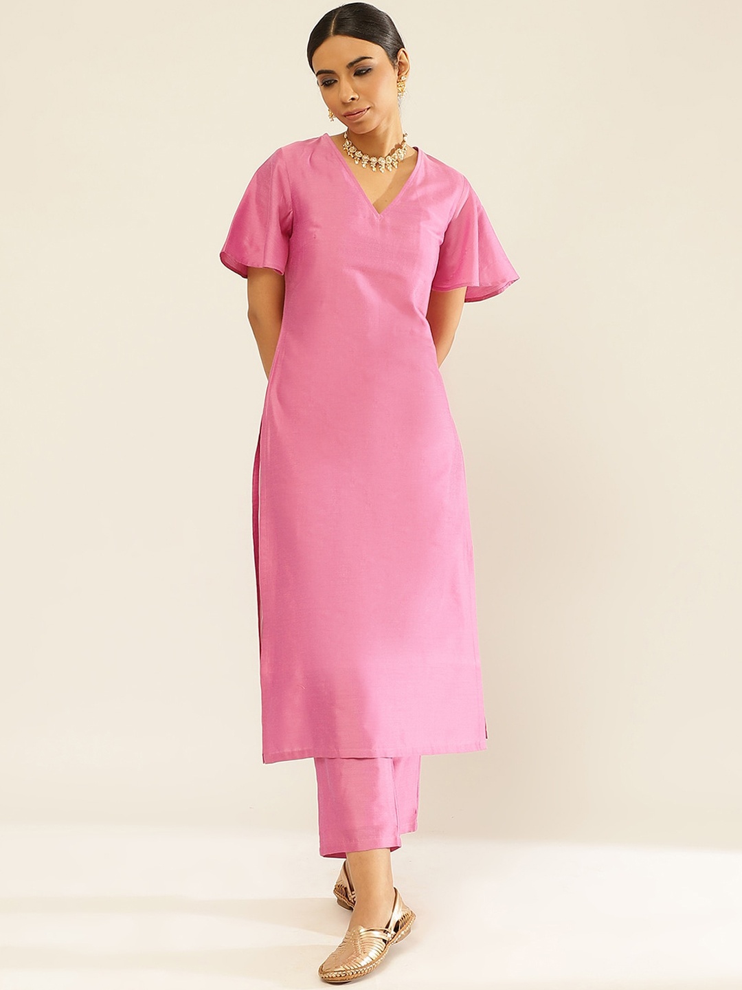 

Abhishti V-Neck Flared Sleeves Regular Kurta With Trousers, Pink