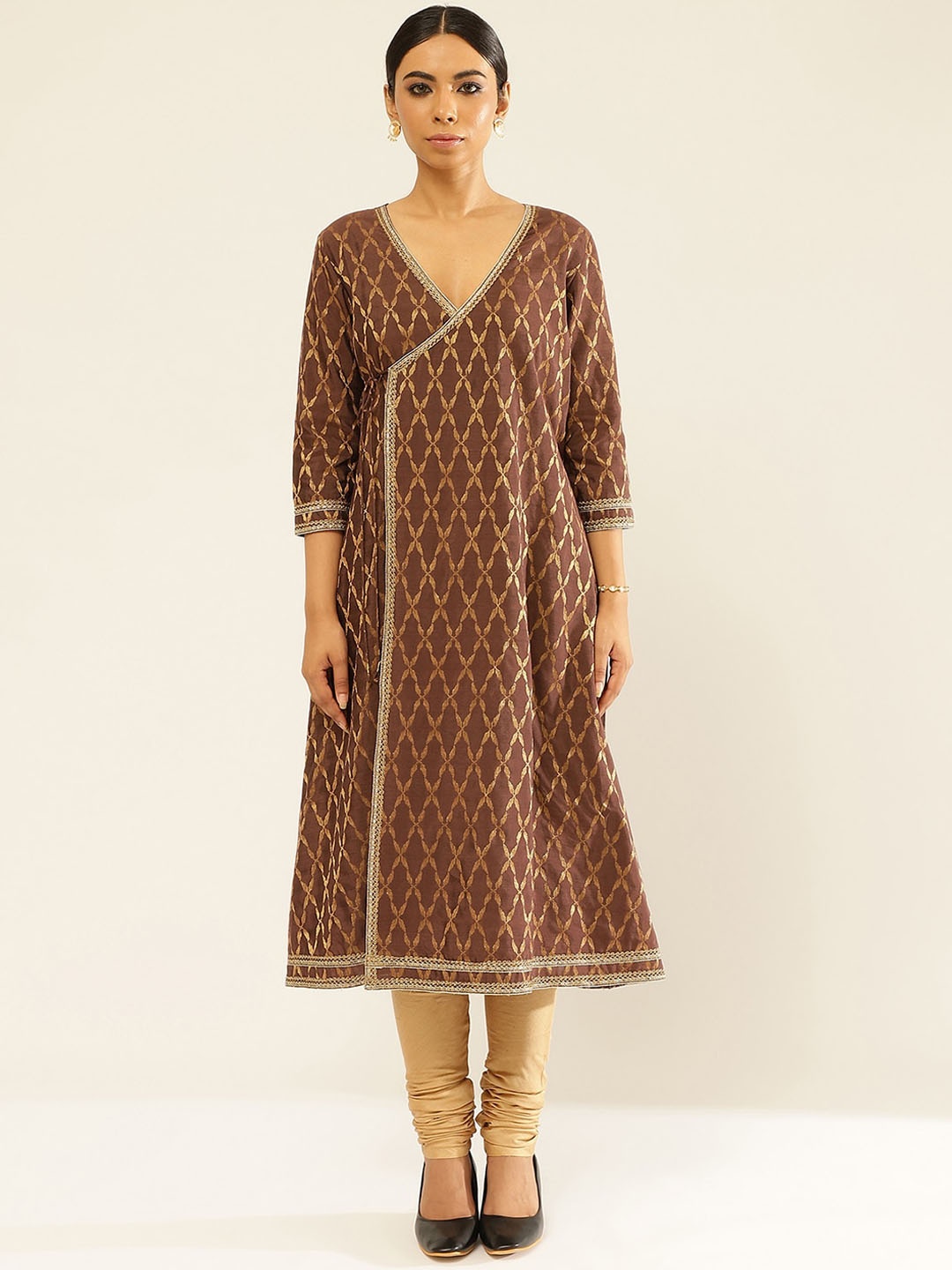 

Abhishti Ethnic Motifs V-Neck Angrakha Kurta with Churidar, Brown