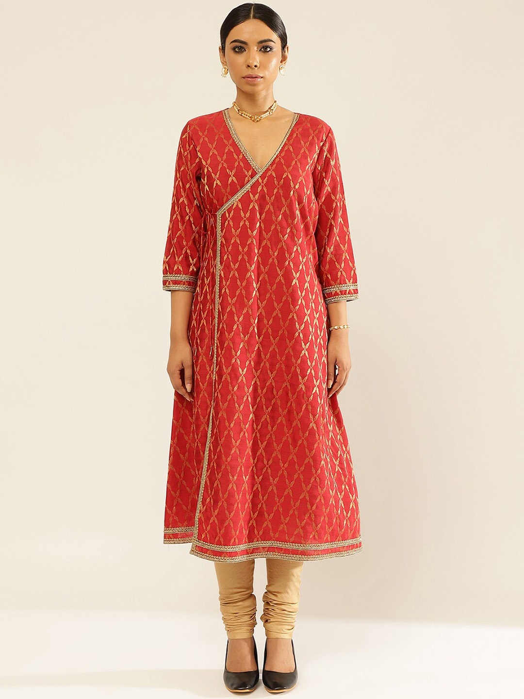 

Abhishti Ethnic Motifs V-Neck Angrakha Kurta with Churidar, Red