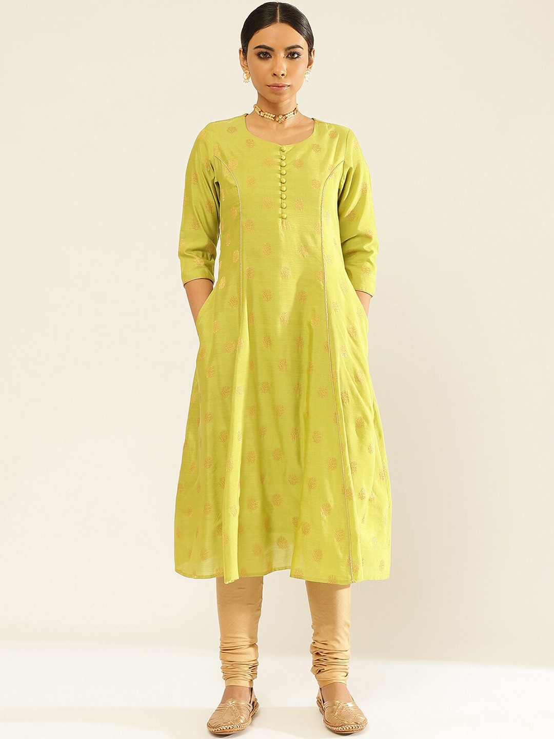 

Abhishti Ethnic Motifs Woven Design Round Neck A-Line Kurta With Churidar, Green