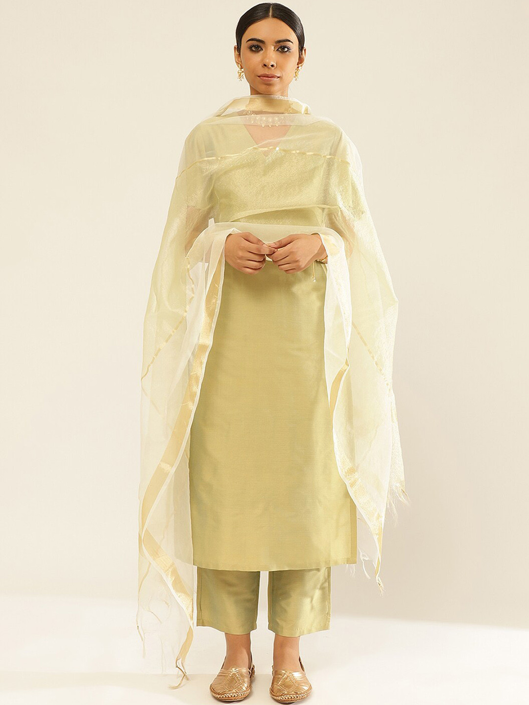 

Abhishti V-Neck Flared Sleeves Zari Work Straight Kurta With Trousers & Dupatta, Green