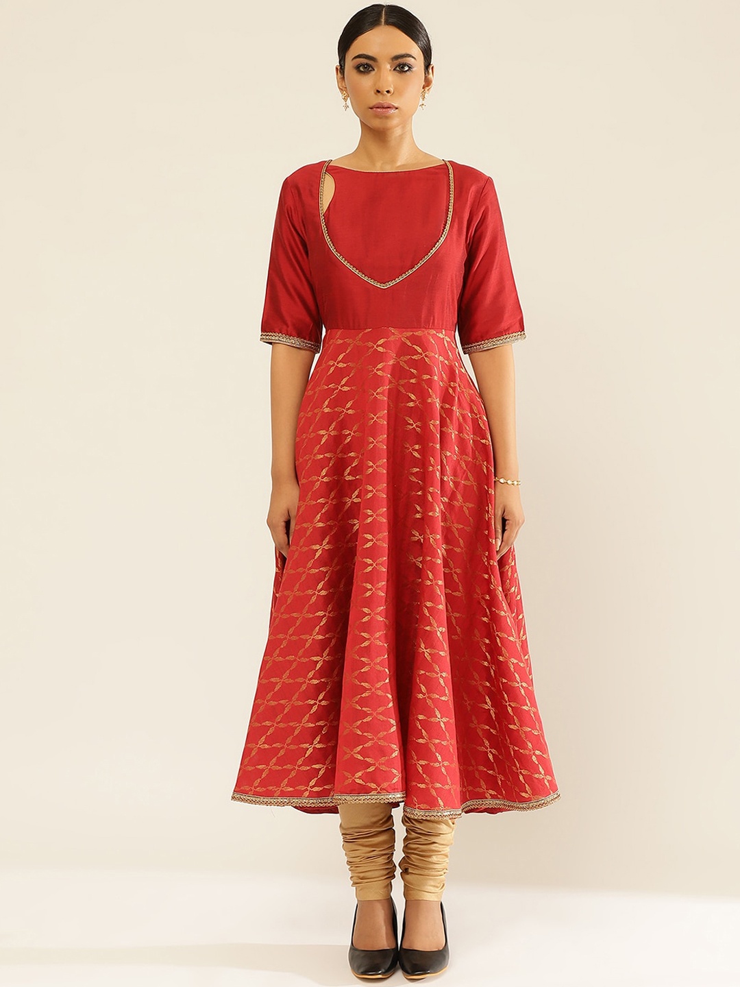 

Abhishti Ethnic Motifs Woven Design Boat Neck A-Line Kurta With Churidar, Red