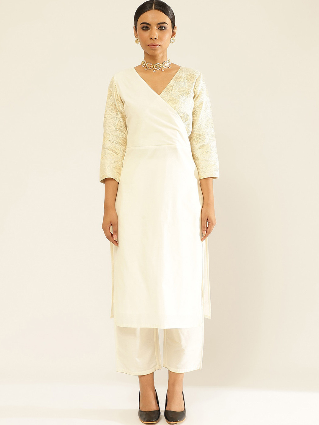

Abhishti Floral Woven Design V-Neck Zari Work Straight Kurta With Trousers, White