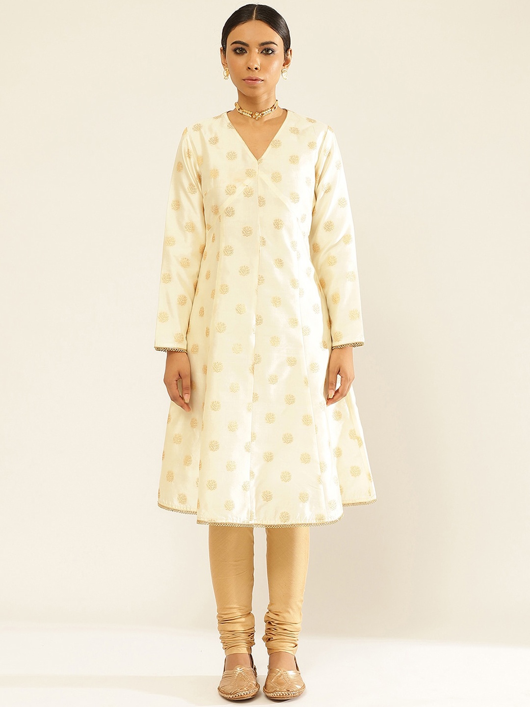

Abhishti Ethnic Motifs Woven Design V-Neck A-Line Kurta With Churidar, White
