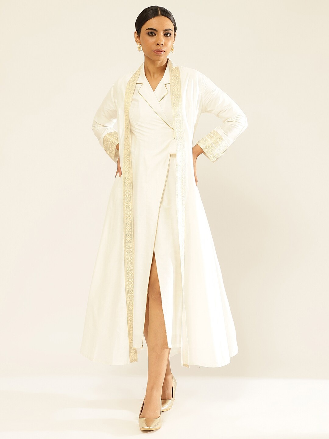 

Abhishti Lapel Collar Tie-Ups Wrap Midi Dress With Banarasi Jacket, White