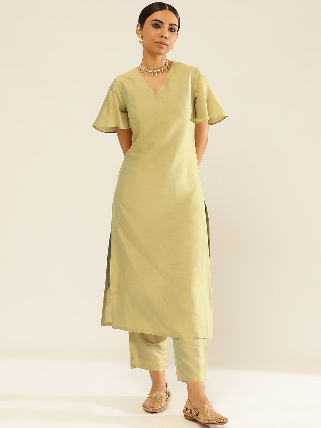 

Abhishti V-Neck Flared Sleeves Straight Kurta With Trousers, Green