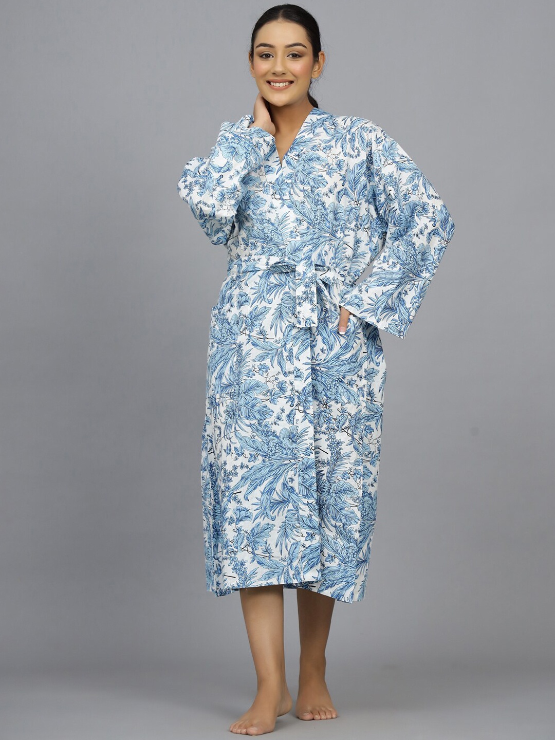 

HANDICRAFT PALACE Turquoise Blue Pure Cotton Bath Robe