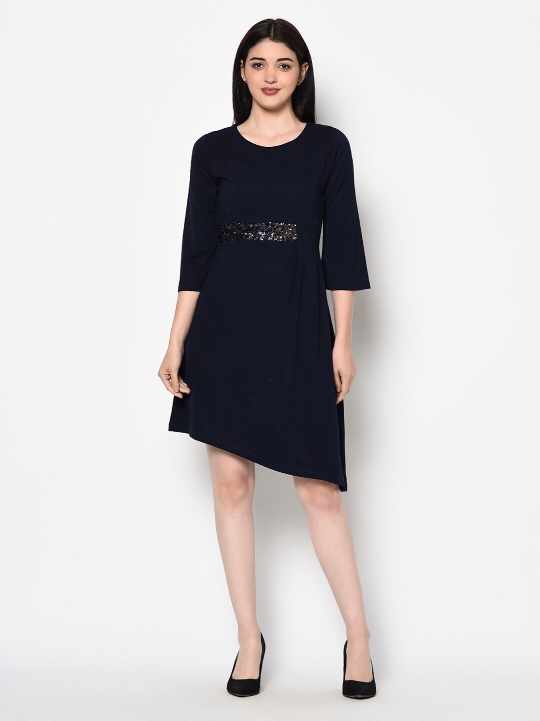 

Miss Grace Round Neck Embellished Detailed A-Line Dress, Navy blue