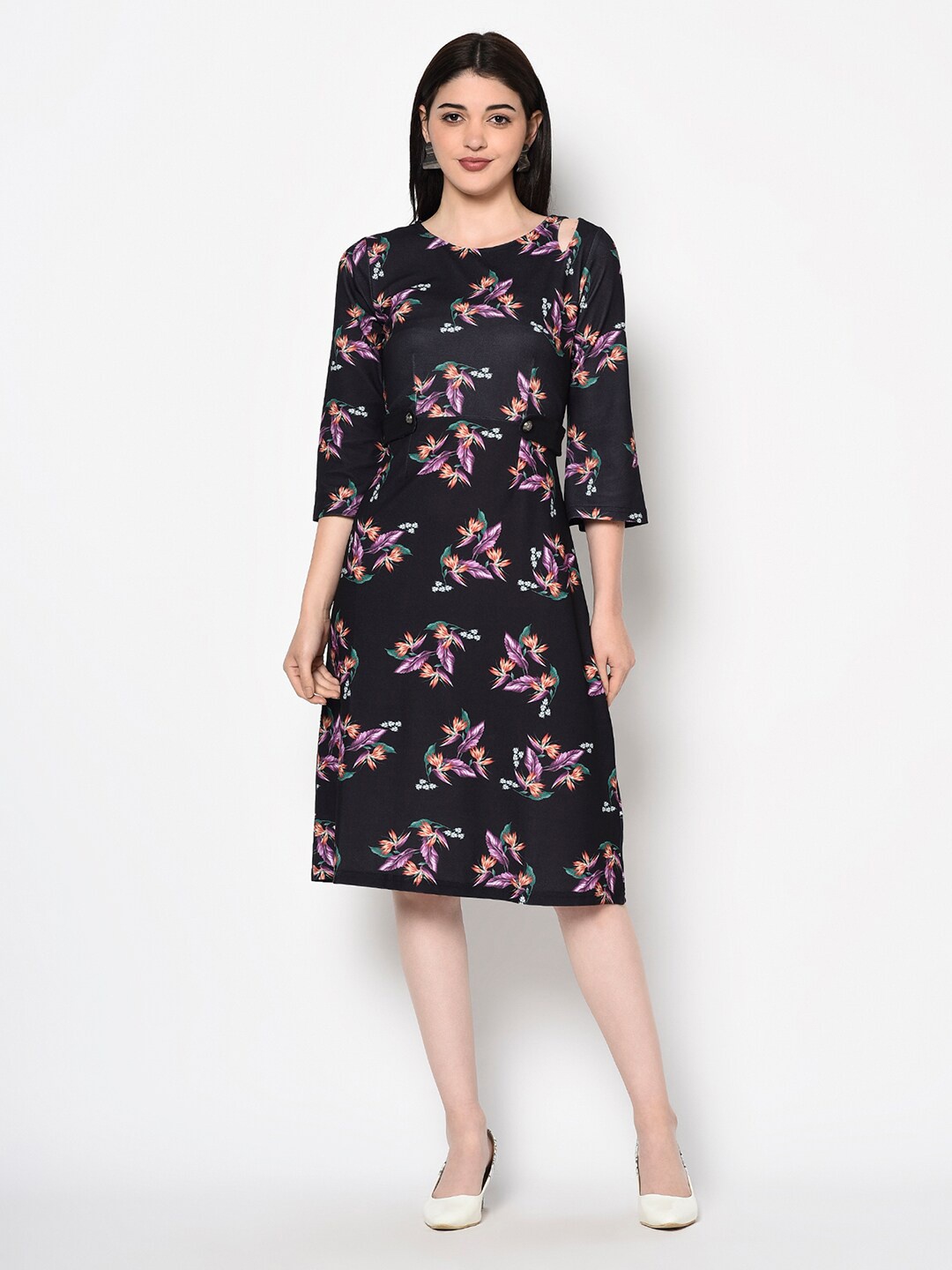 

Miss Grace Floral Printed Cut-Outs A-Line Dress, Black