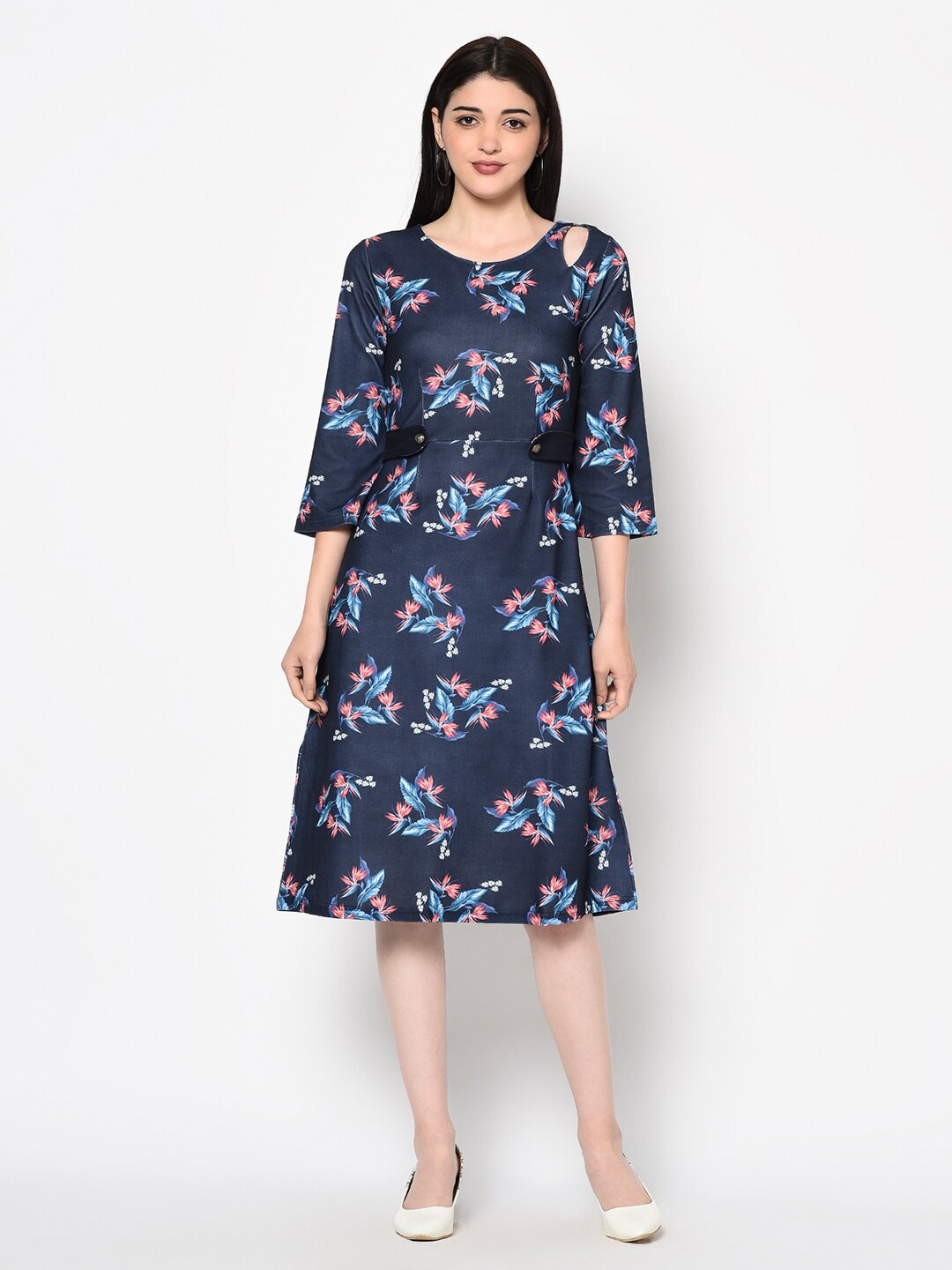 

Miss Grace Floral Printed Cut-Outs A-Line Dress, Navy blue