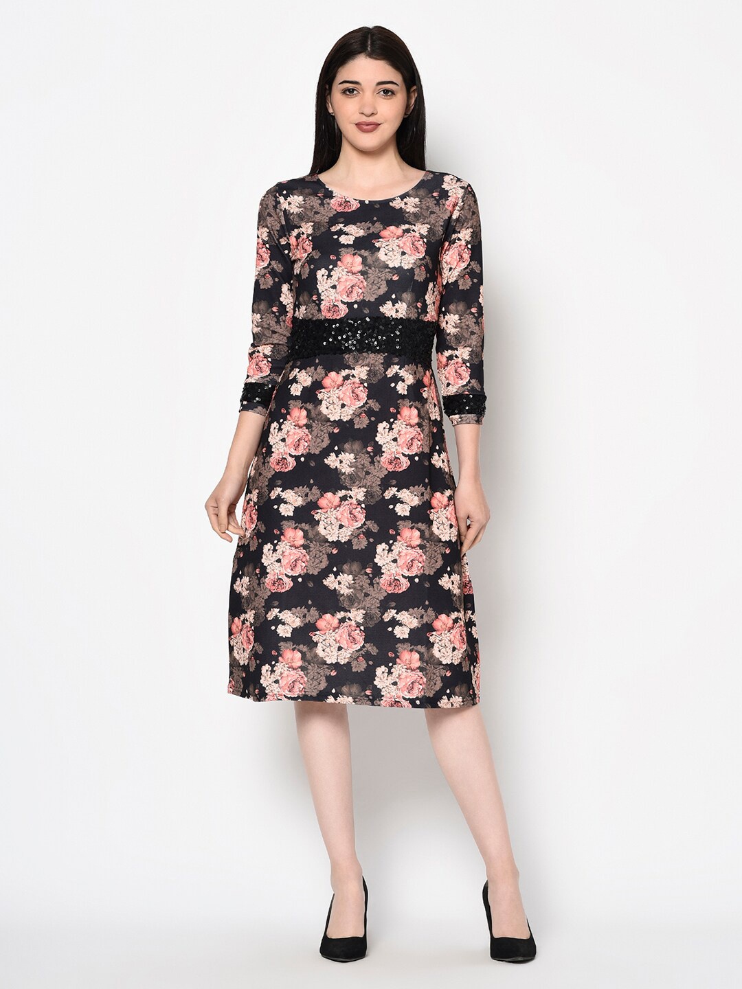 

Miss Grace Floral Printed Round Neck Embellished Detailed A-Line Dress, Black