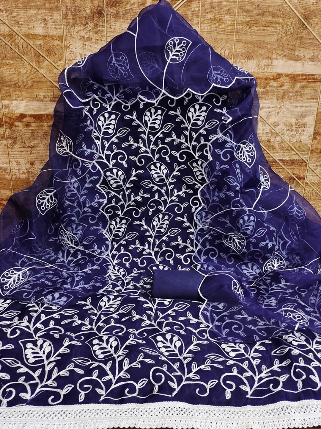 

KALINI Floral Embroidered Organza Unstitched Dress Material, Blue