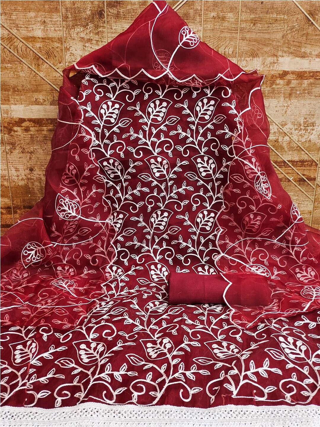 

KALINI Floral Embroidered Organza Unstitched Dress Material, Maroon