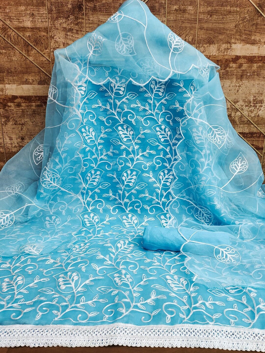 

KALINI Floral Embroidered Organza Unstitched Dress Material, Turquoise blue