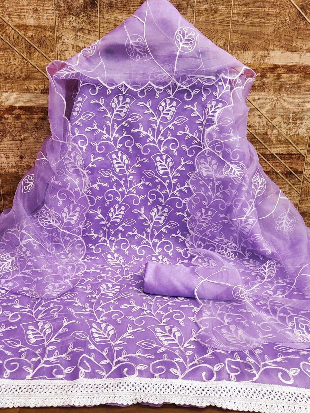 

KALINI FloralEmbroidered Organza Unstitched Dress Material, Purple