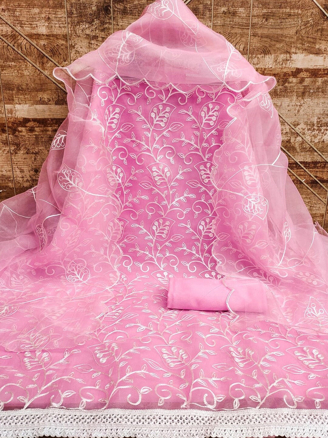 

KALINI Floral Embroidered Organza Unstitched Dress Material, Peach