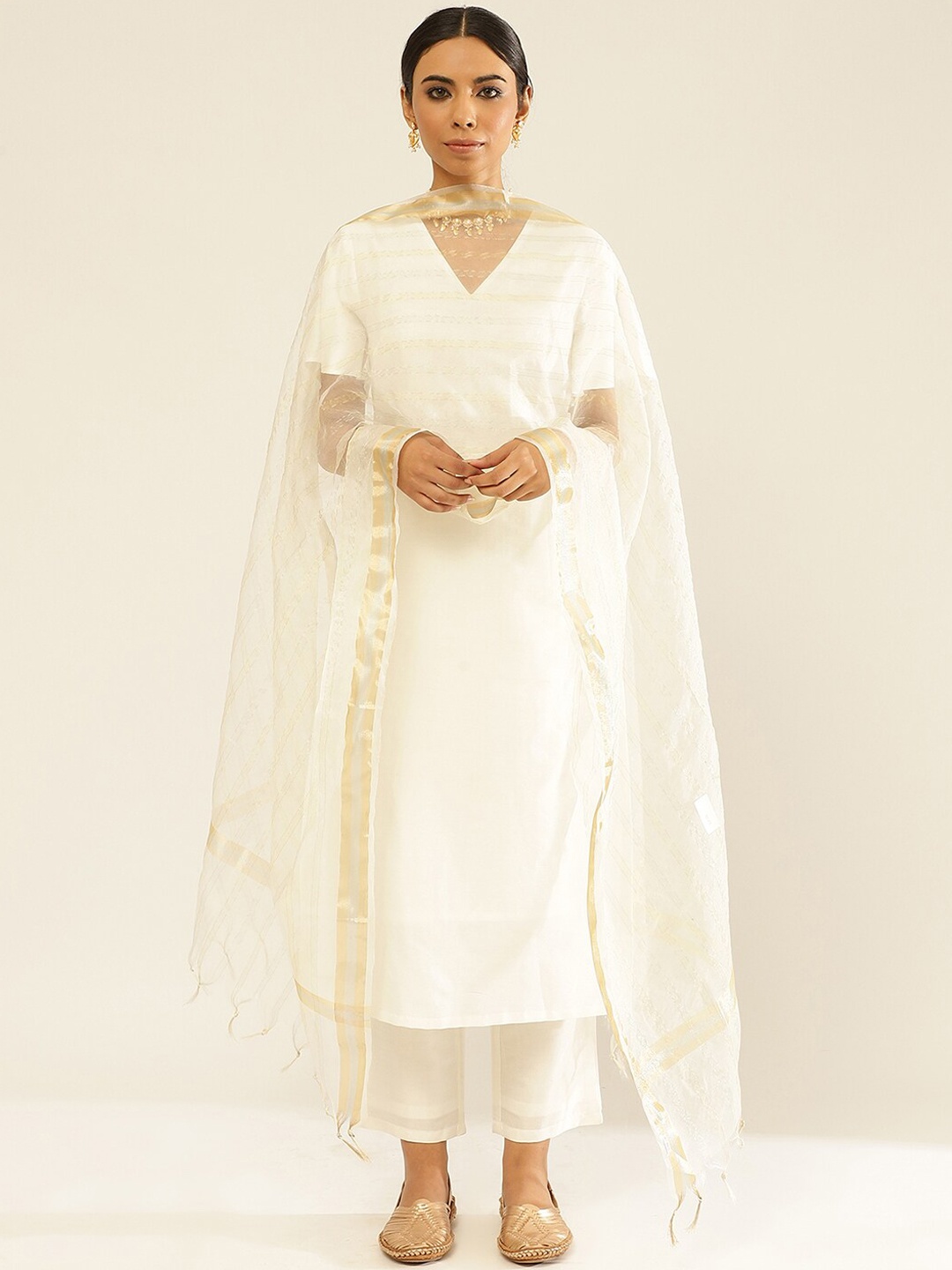 

Abhishti V-Neck Flared Sleeves Zari Work Straight Kurta With Trousers & Dupatta, White